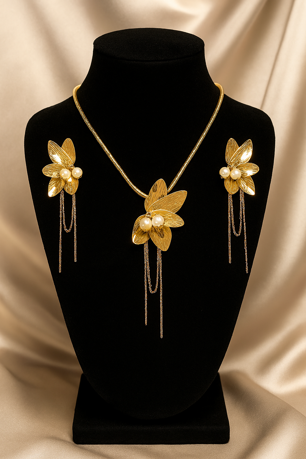 Gold plated floral necklace set with matching earrings, featuring textured petals, pearl accents, and delicate hanging chains