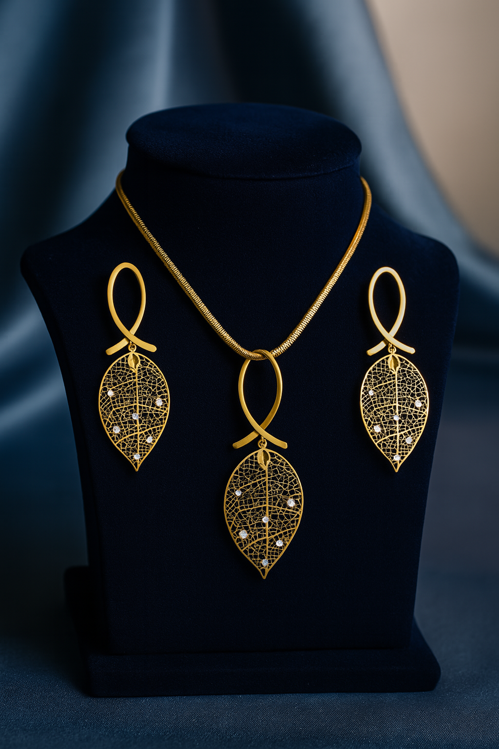 a gold-plated leaf design necklace with matching drop earrings, featuring intricate filigree detailing