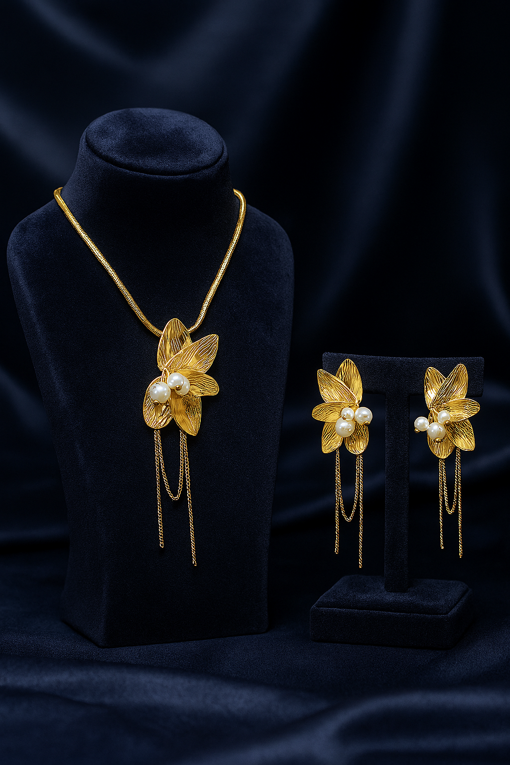 Elegant gold plated floral jewelry set with pearls and chain tassels