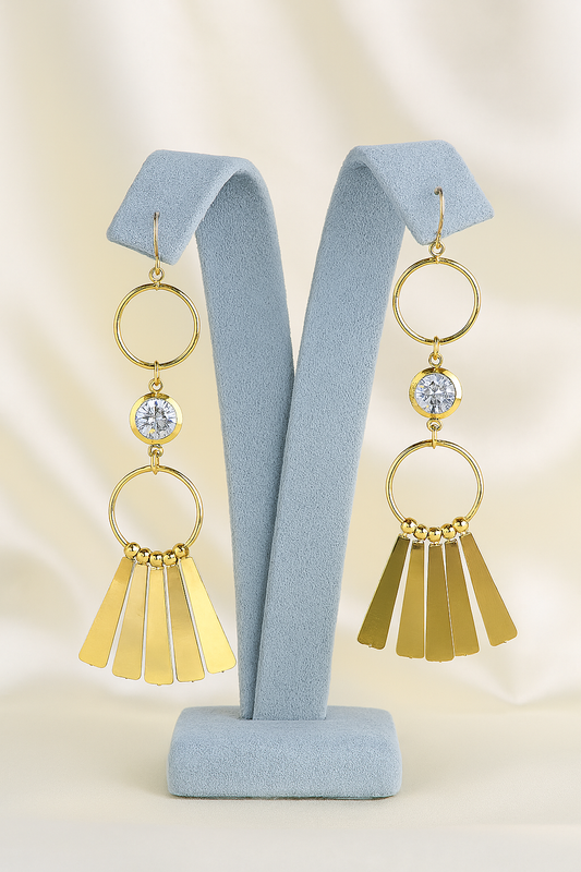 Elegant gold plated geometric dangle earrings with crystal stone and fan-style drops