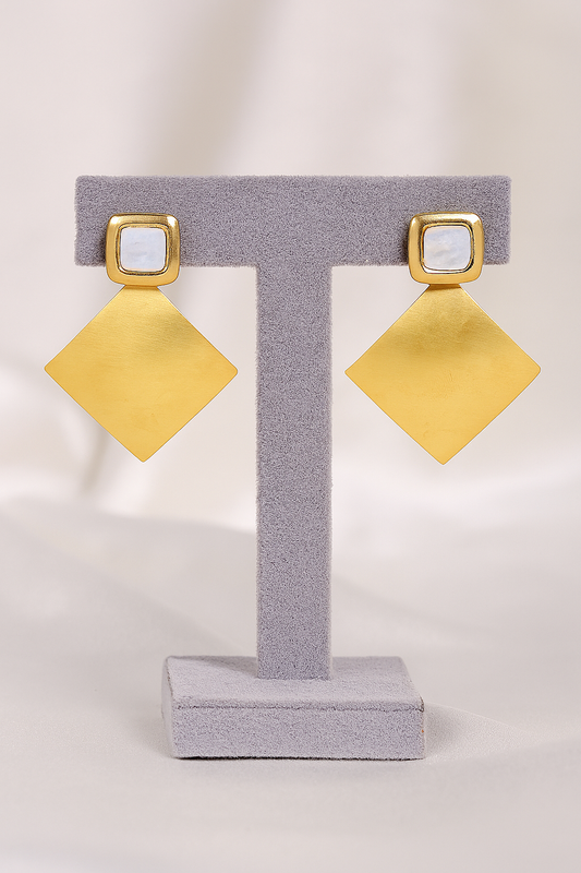 Elegant gold plated geometric earrings with white stone studs and diamond-shaped drops