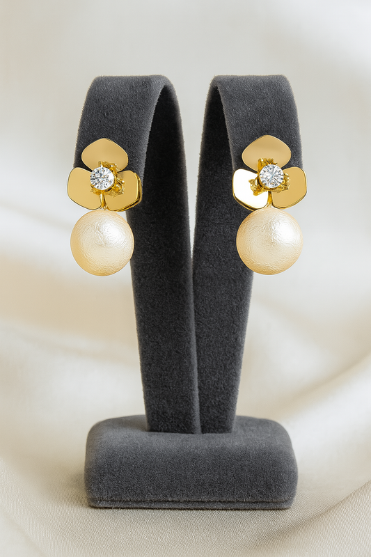 Elegant gold plated floral earrings with sparkling crystal and textured pearl drops