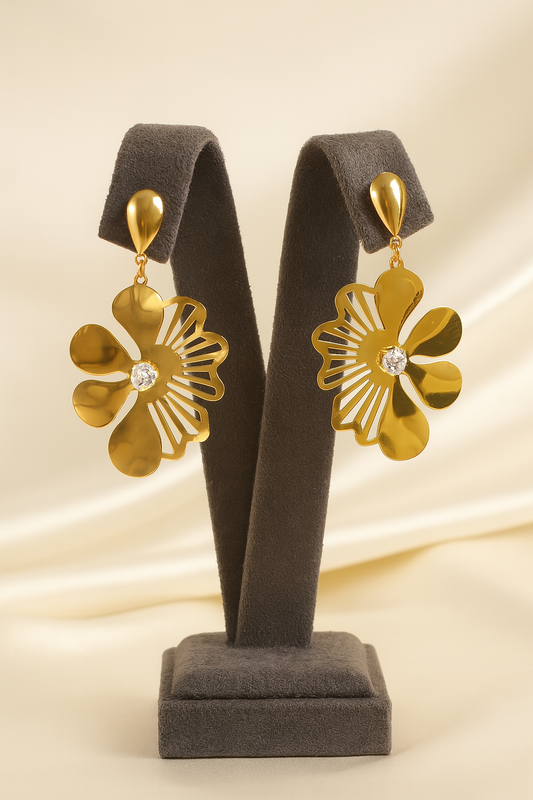 Elegant gold plated floral statement earrings with sparkling crystal centerpiece