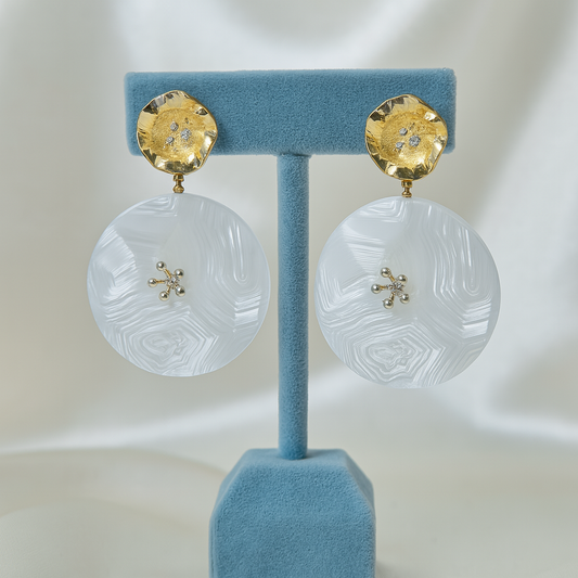 Elegant white acrylic round drop earrings with textured swirl design and gold floral stud top