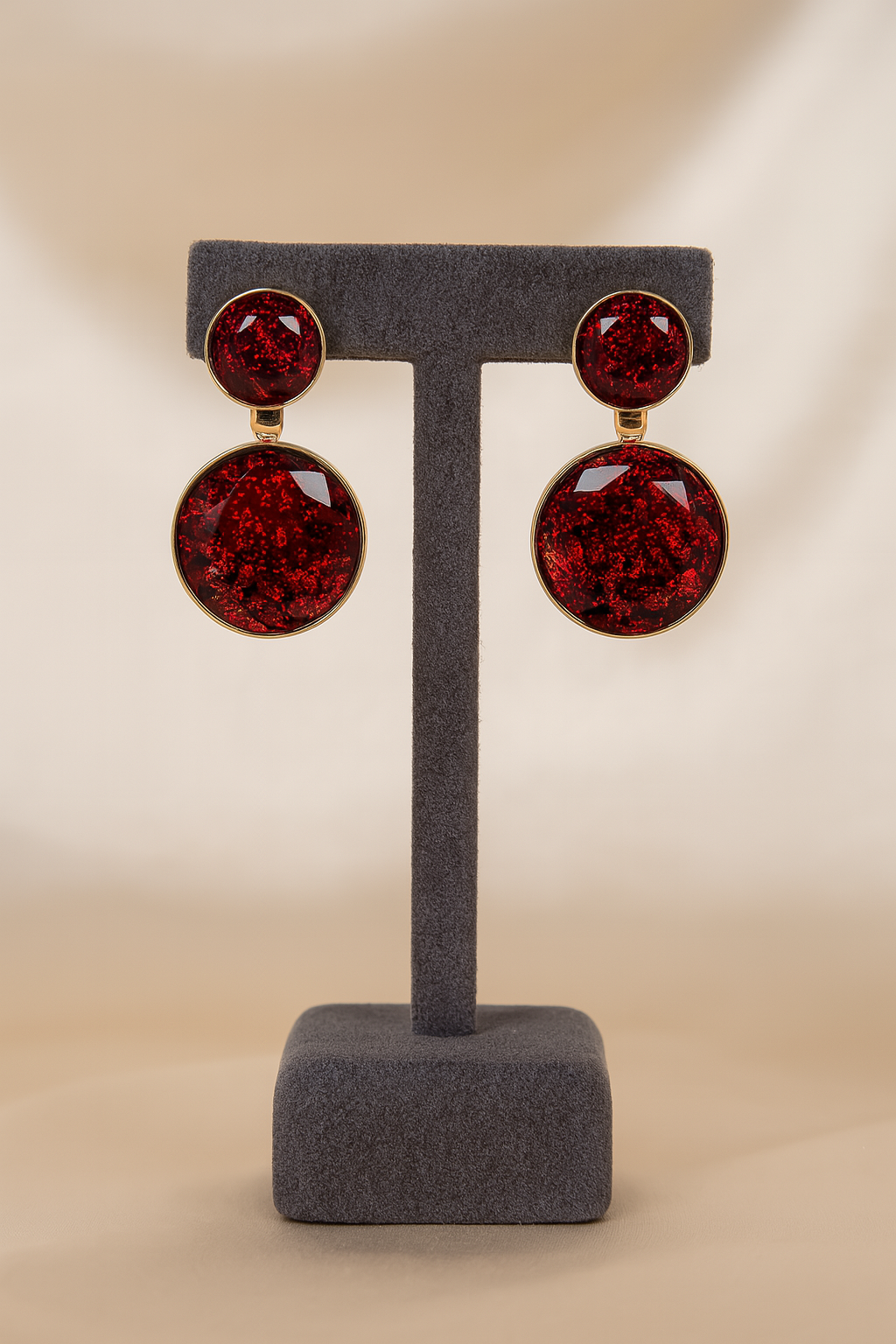 Elegant red glitter resin double round statement earrings with gold detailing