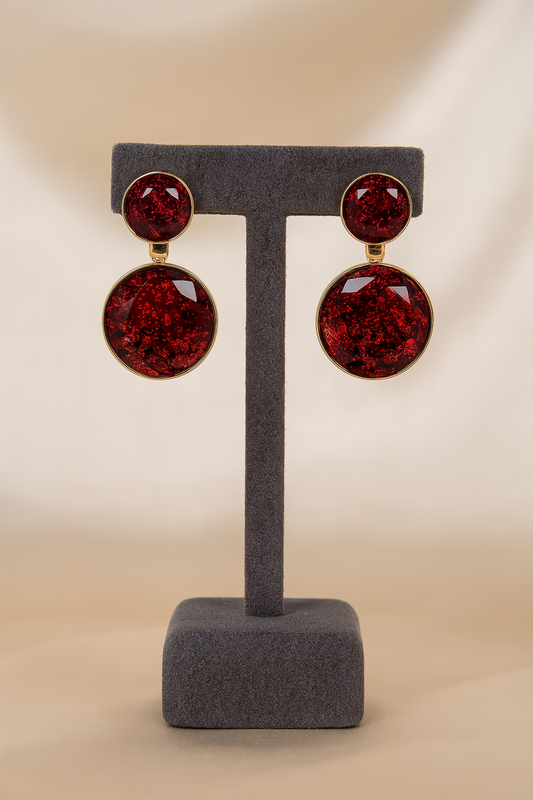 Elegant red glitter resin double round statement earrings with gold detailing