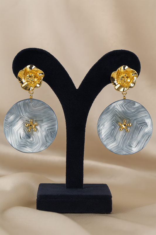 Elegant gold floral stud blue marble resin drop earrings with golden detailing