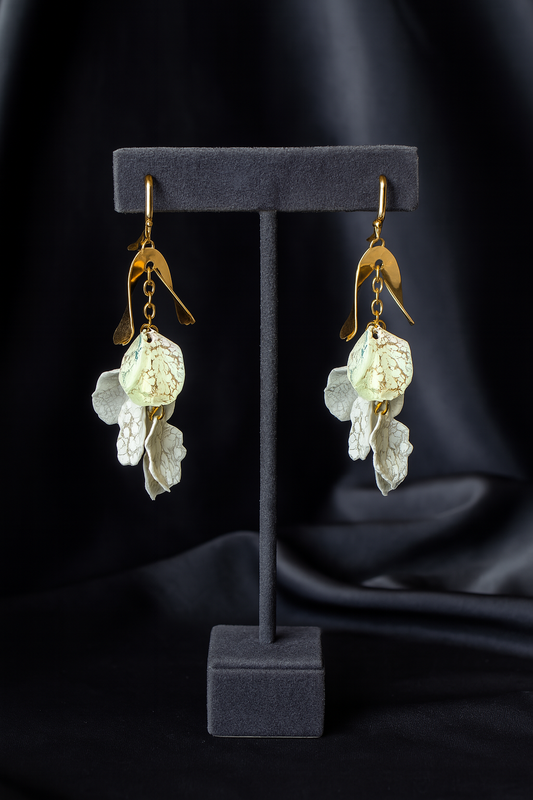 Elegant gold floral drop earrings with natural stone and petal detailing