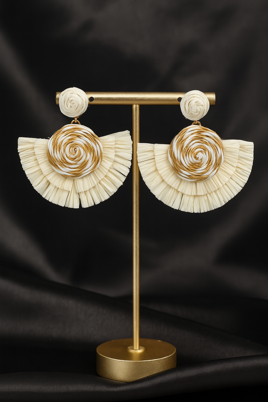 Handmade woven rattan fan earrings with circular swirl design