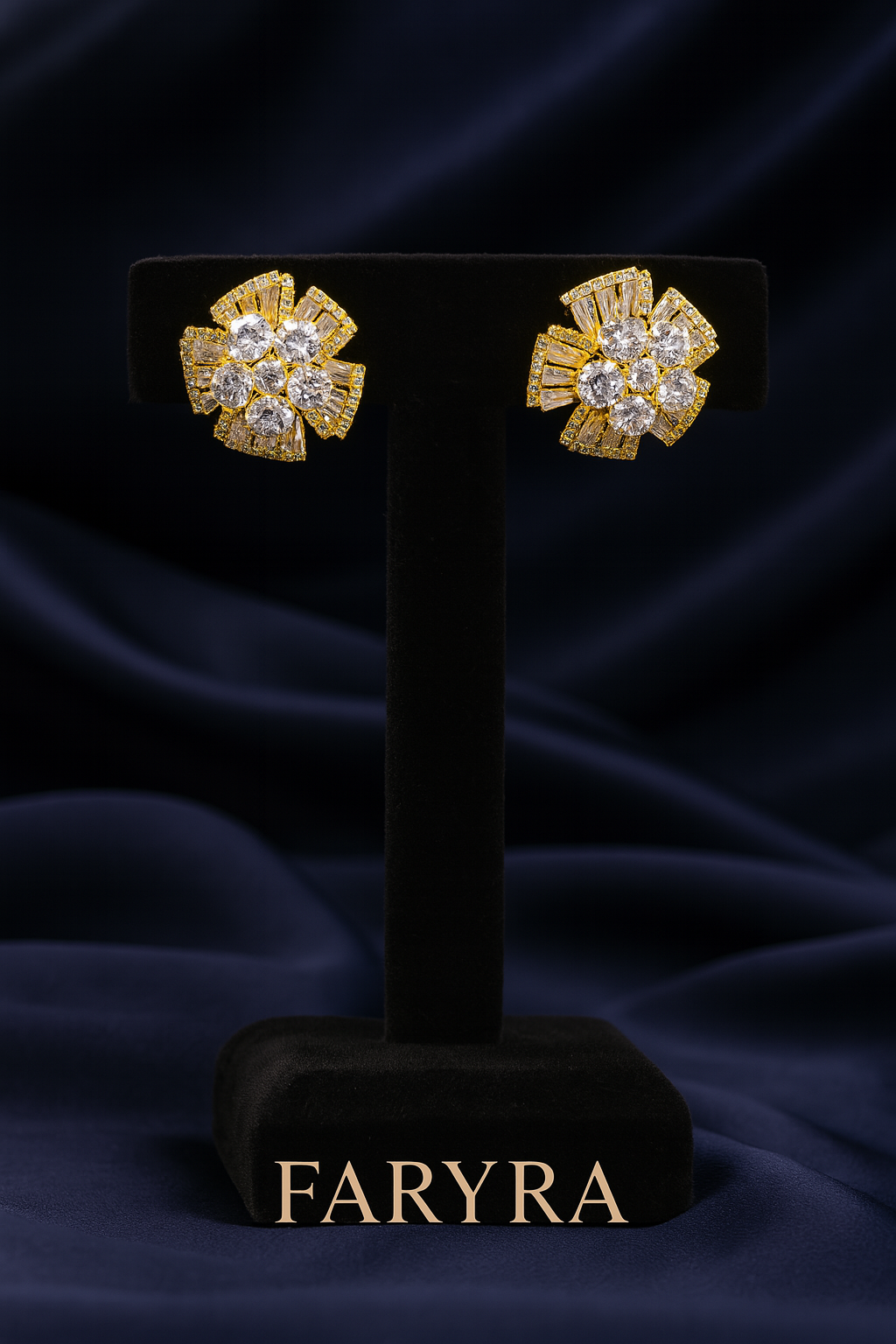 Luxury gold-plated floral stud earrings with sparkling zircon stones