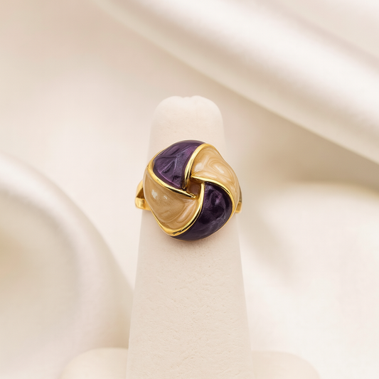 Gold-plated purple and champagne enamel knot ring