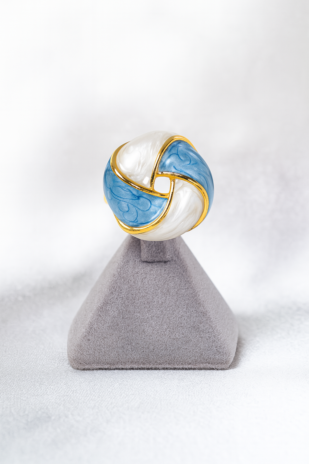 Blue and white enamel swirl design gold-plated statement ring