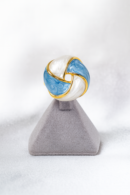 Blue and white enamel swirl design gold-plated statement ring