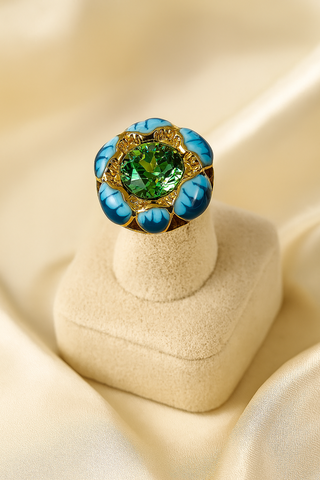 Anti-tarnish gold-plated ring with a green gemstone and turquoise enamel petals