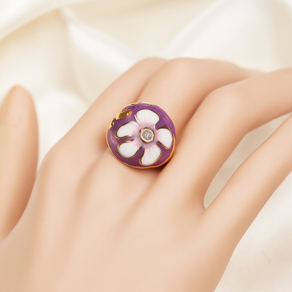 Elegant floral enamel anti-tarnish ring with gold band and diamond detail