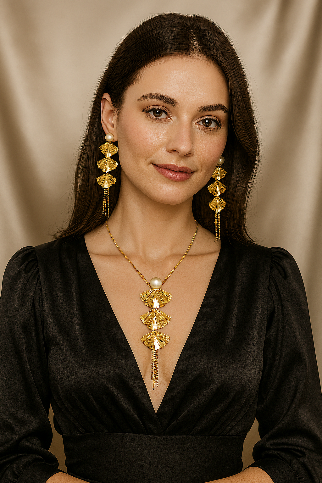 a gold fan-shaped pearl-accent necklace and matching statement earrings with chain tassels.