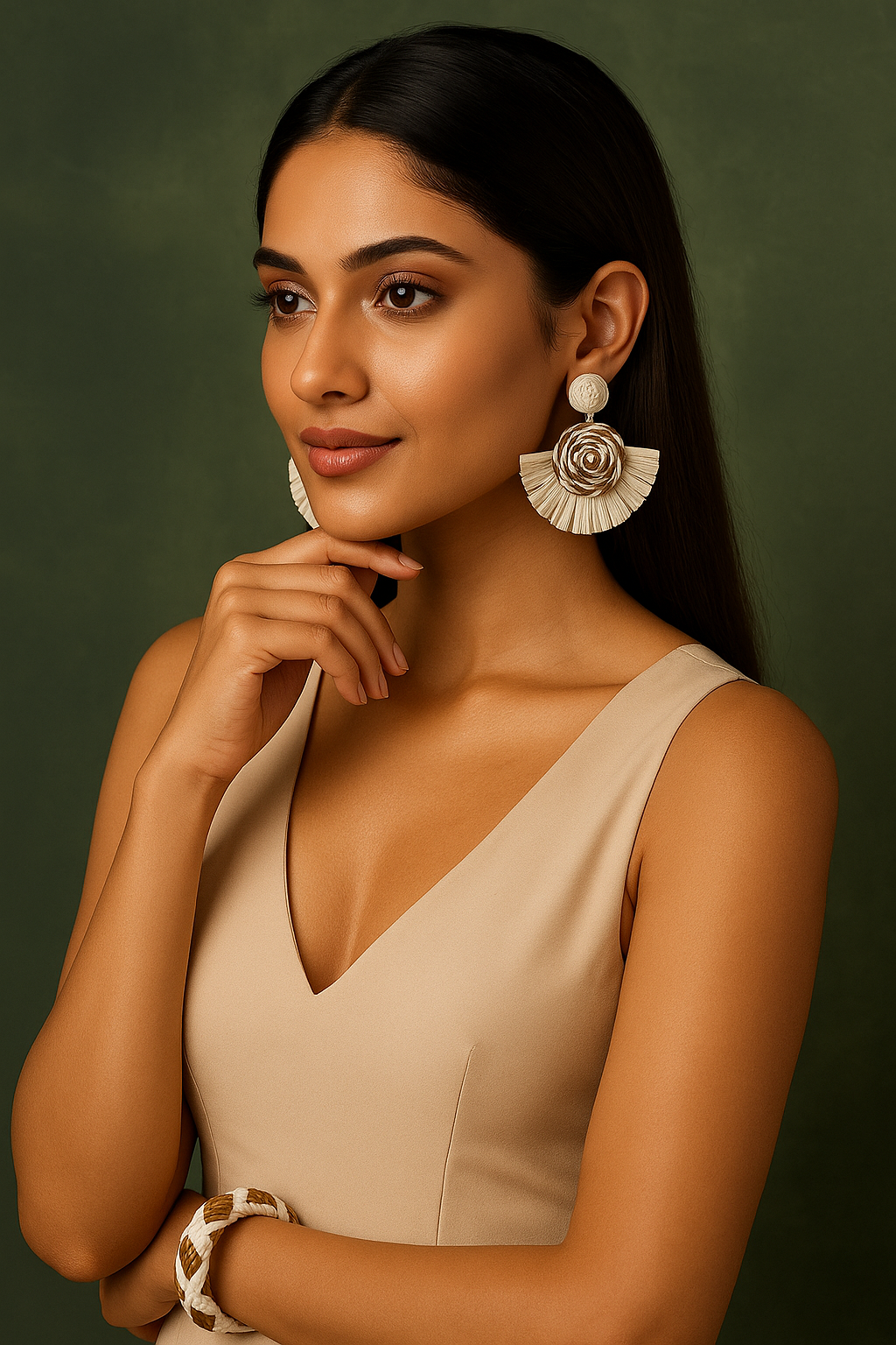 Elegant woman wearing handmade woven rattan fan earrings