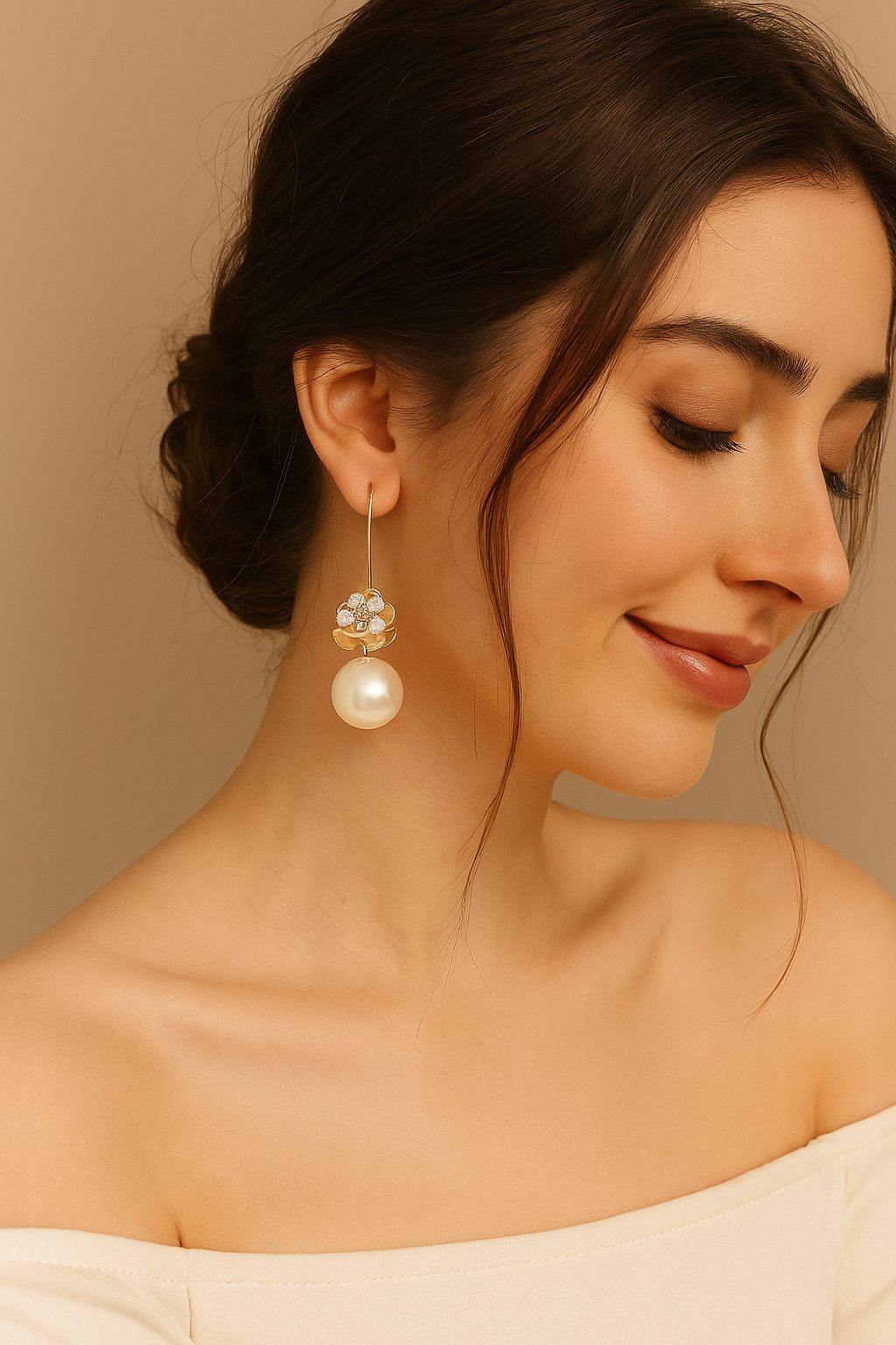 gold floral pearl drop earrings with sparkling crystal accents