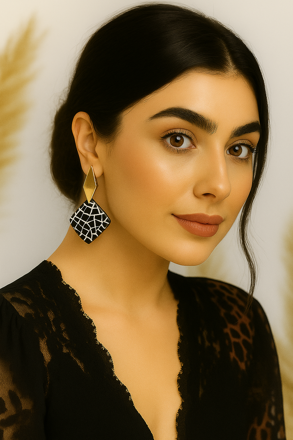 a geometric black and white resin drop earrings with gold diamond-shaped stud