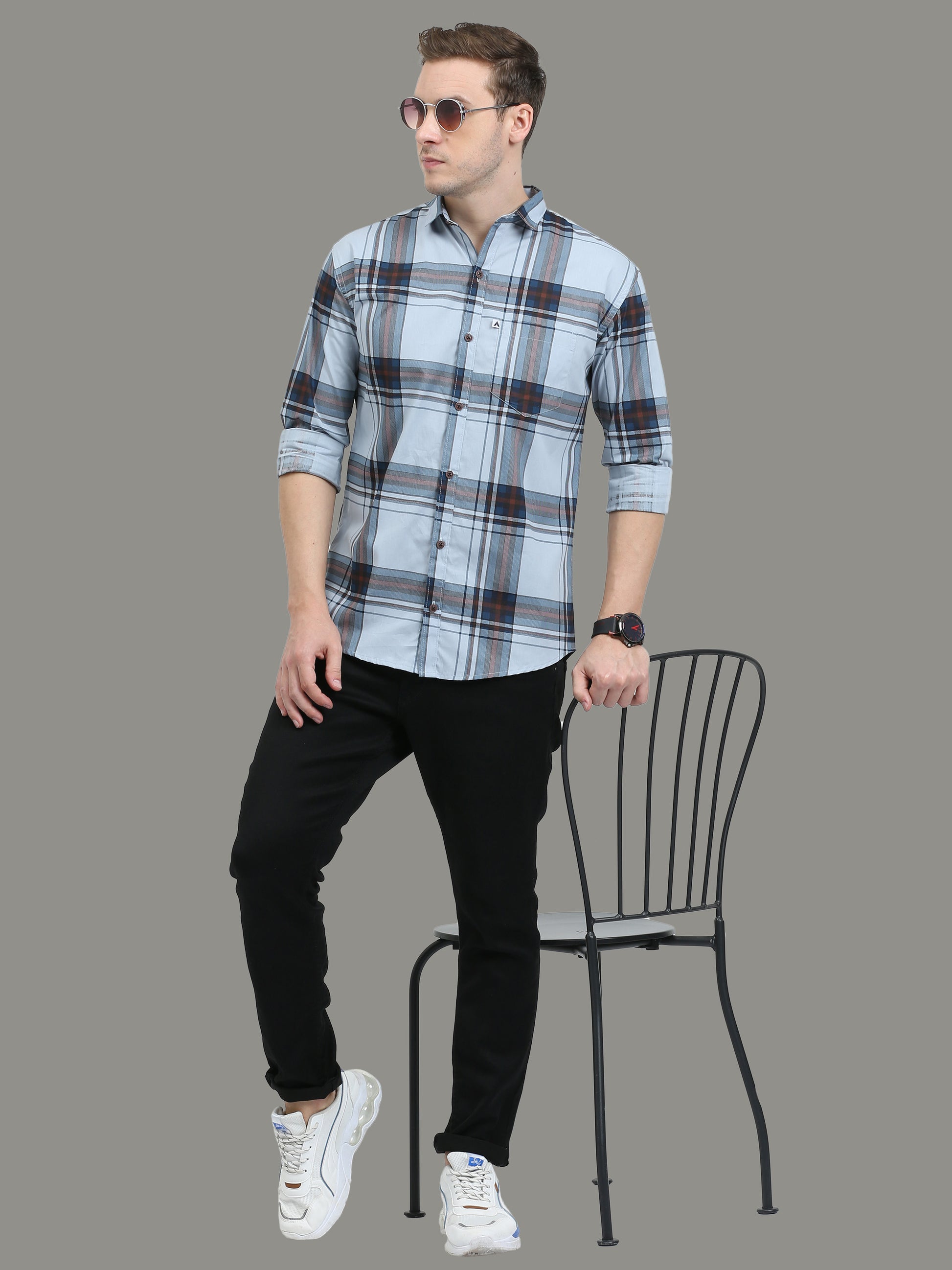 Broad checks Aqua Blue Long Sleeve Shirt for Men