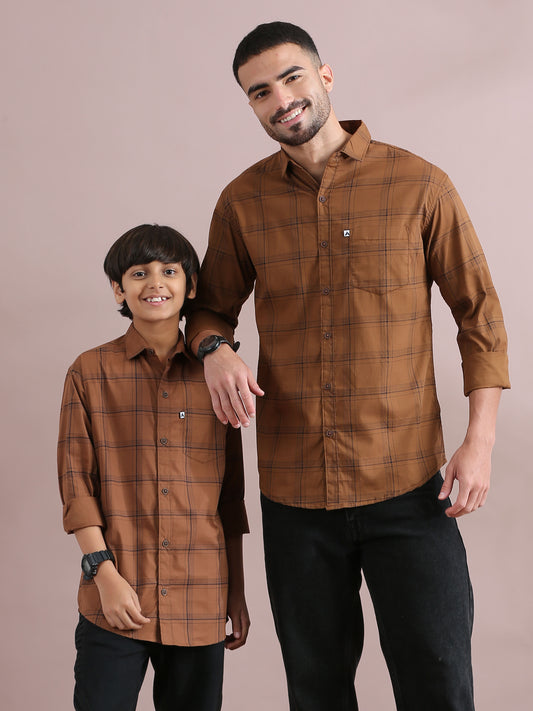 6line Brown Checked Father And Son Dress Shirts Combo