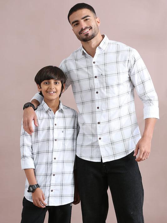 6line White Checked Father Son Dress Shirts Combo