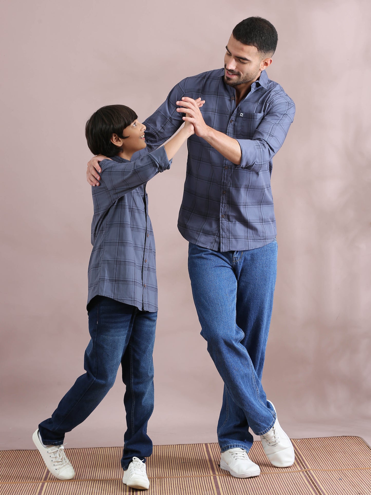 6line Grey Check Matching Father Son Outfit Shirt Combo