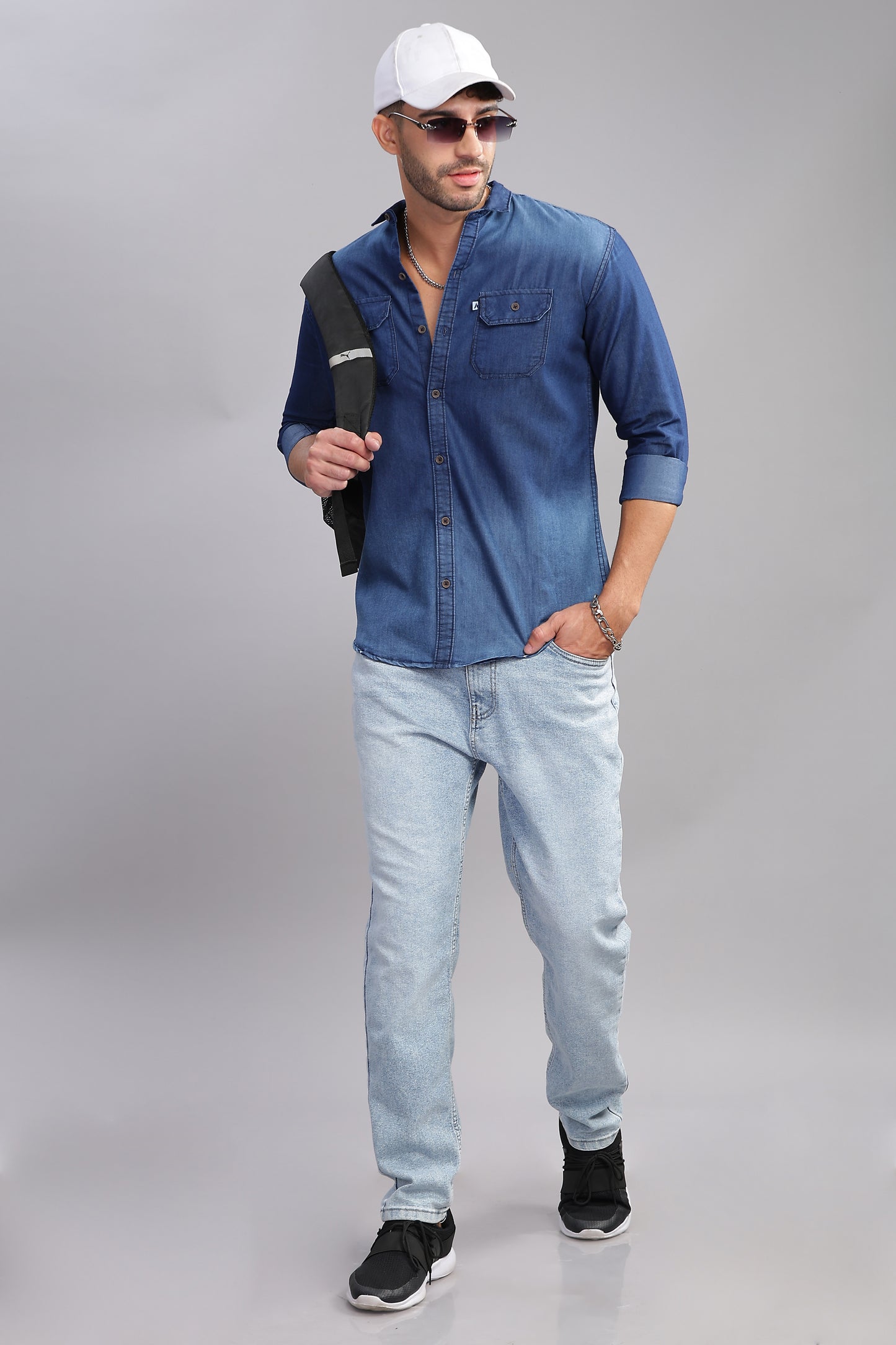 Double Pocket Cut Away Collor Denim Shirt For Men
