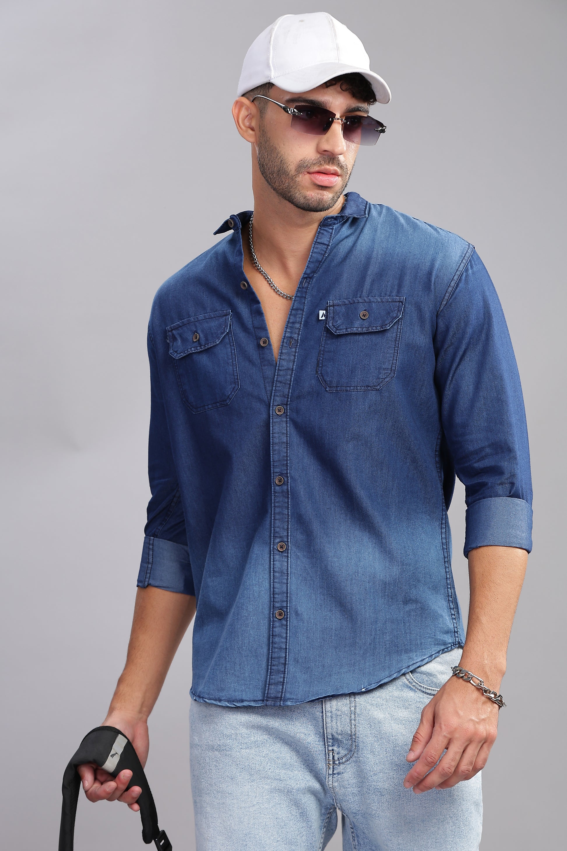 Double Pocket Cut Away Collor Denim Shirt For Men