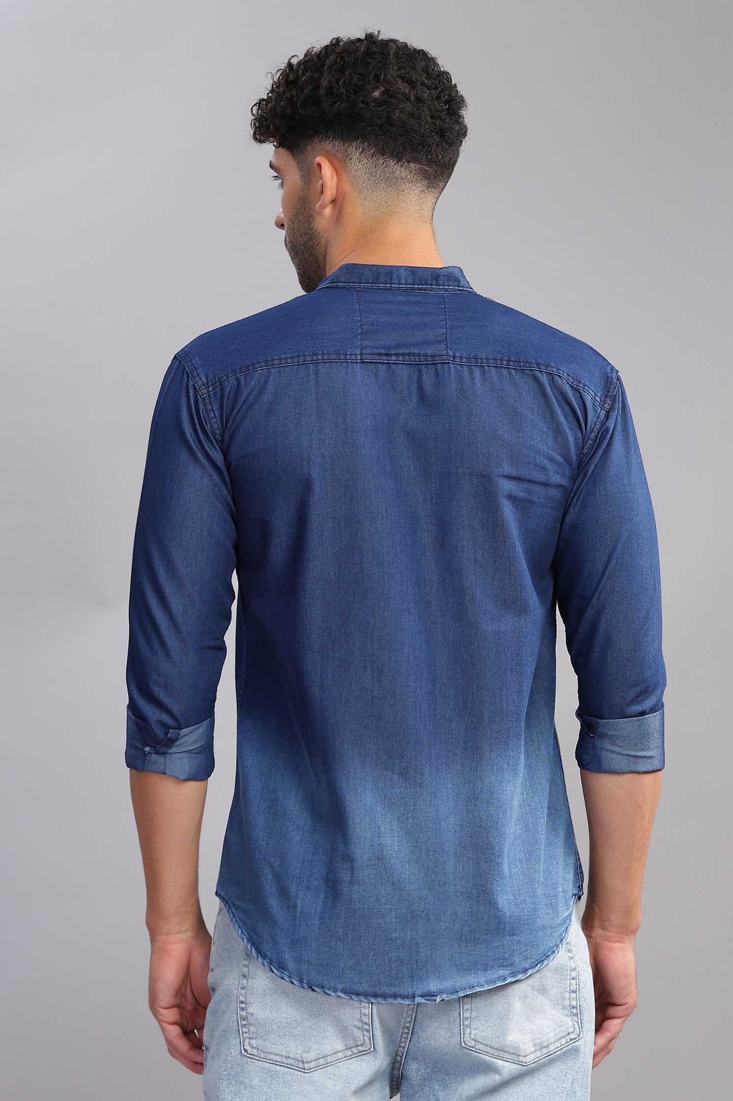 Double Pocket Cut Away Collor Denim Shirt For Men