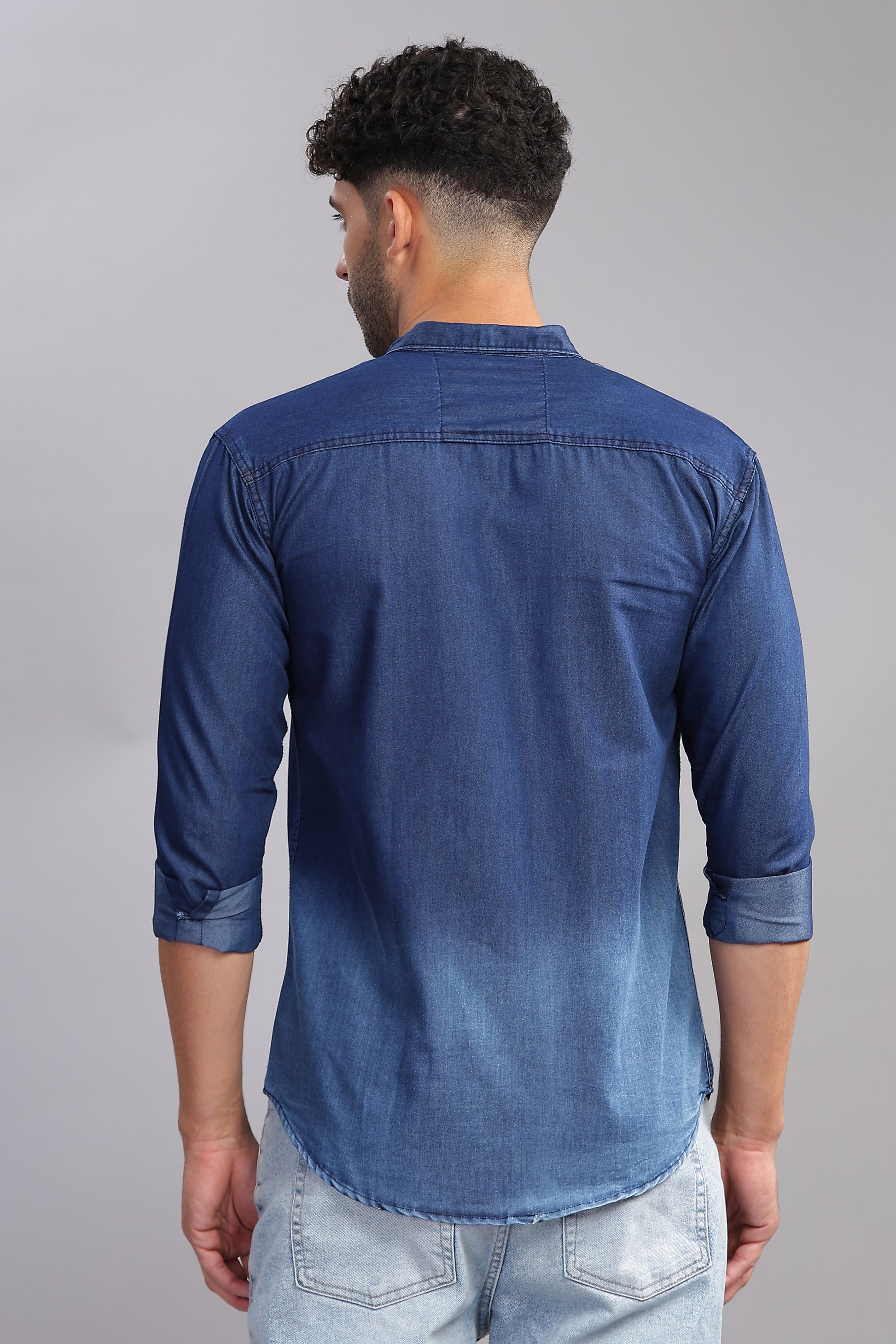 Double Pocket Cut Away Collor Denim Shirt For Men