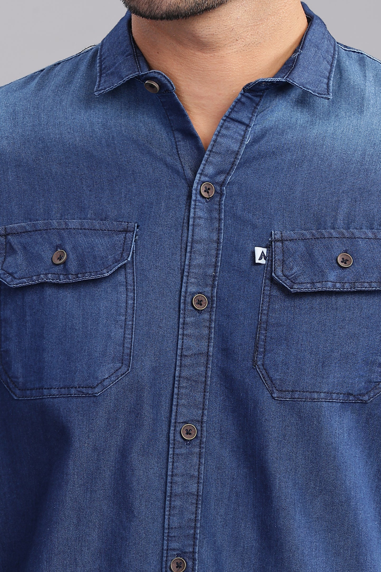 Double Pocket Cut Away Collor Denim Shirt For Men