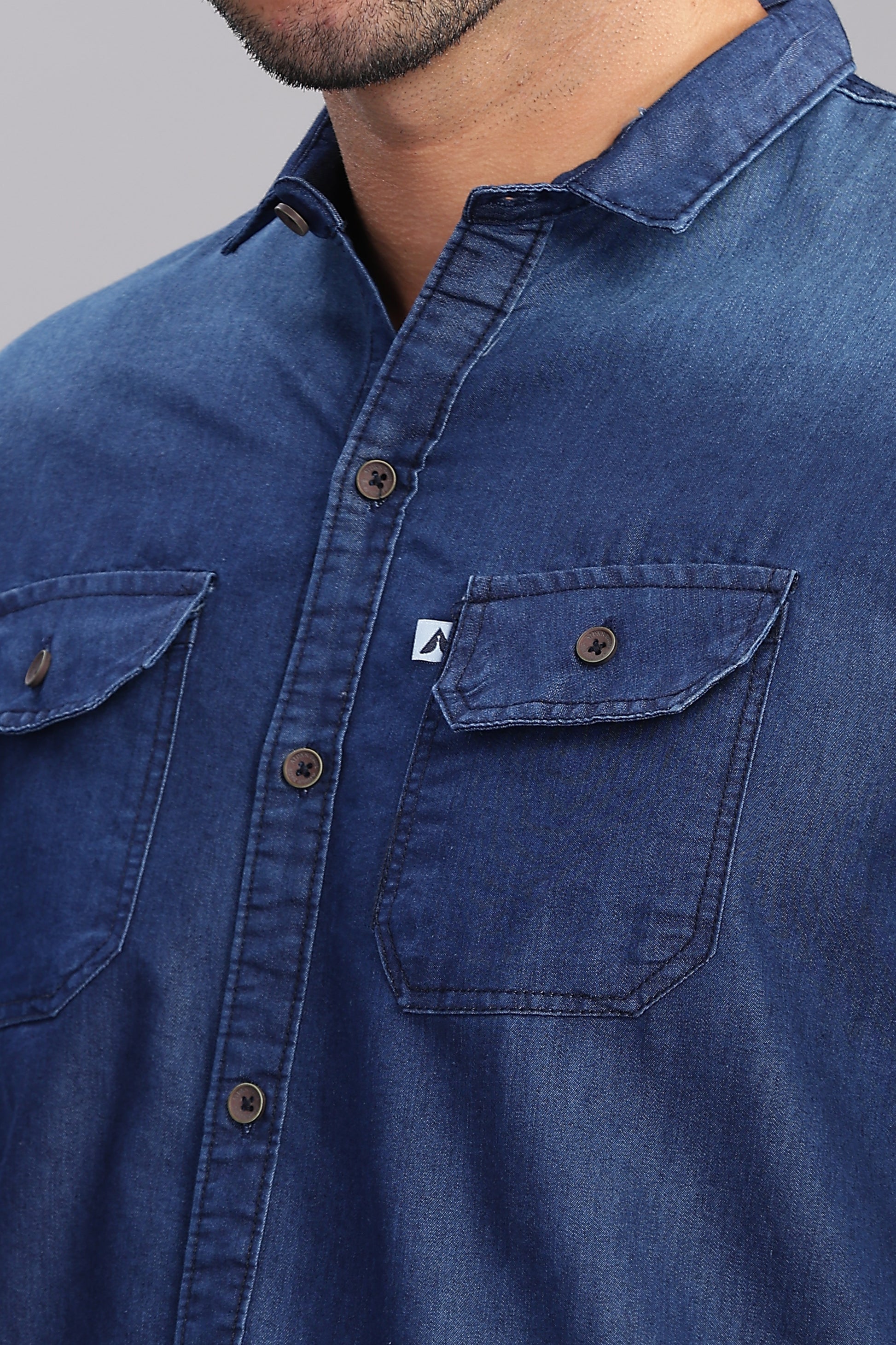 Double Pocket Cut Away Collor Denim Shirt For Men