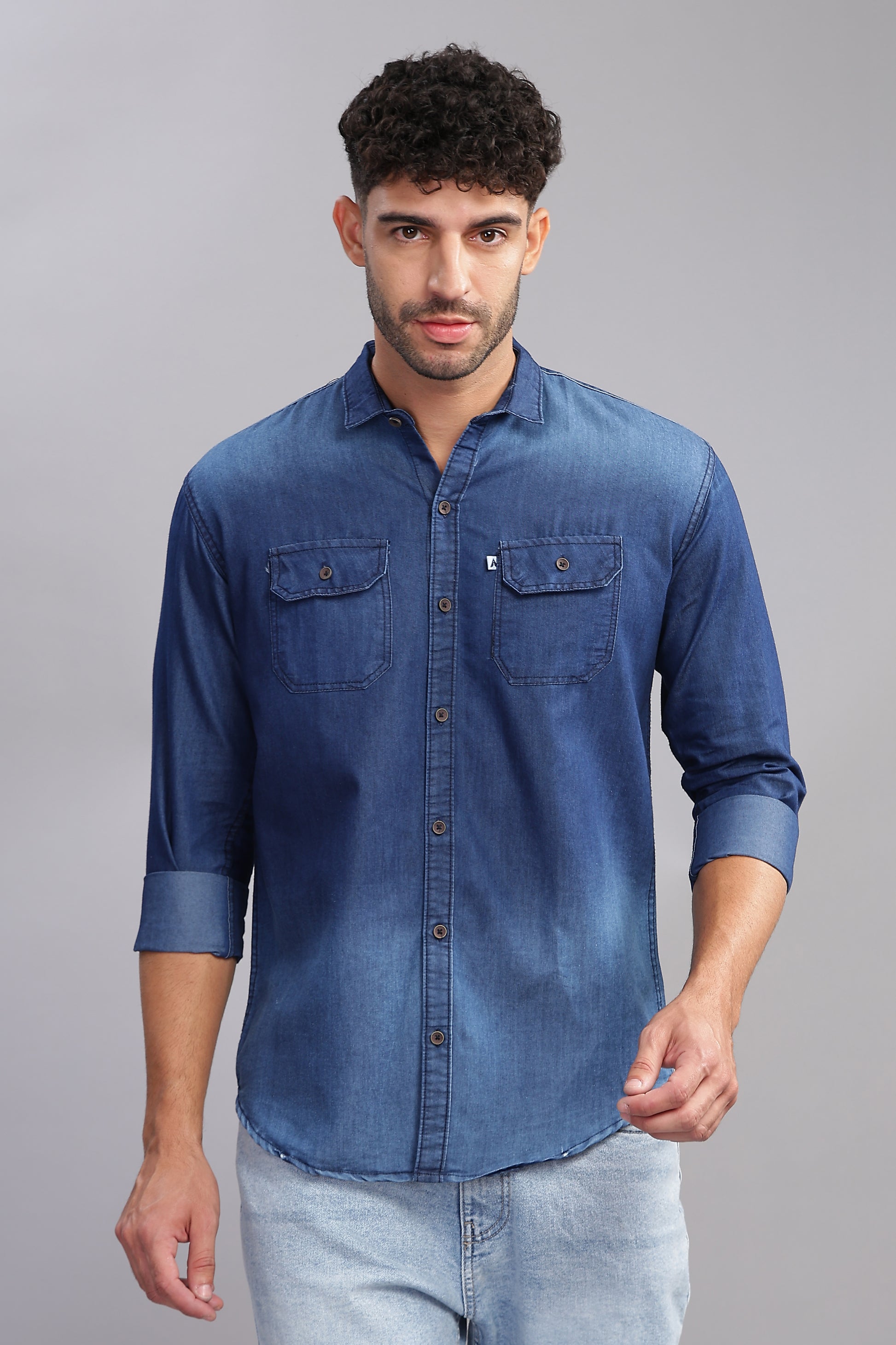 Double Pocket Cut Away Collor Denim Shirt For Men