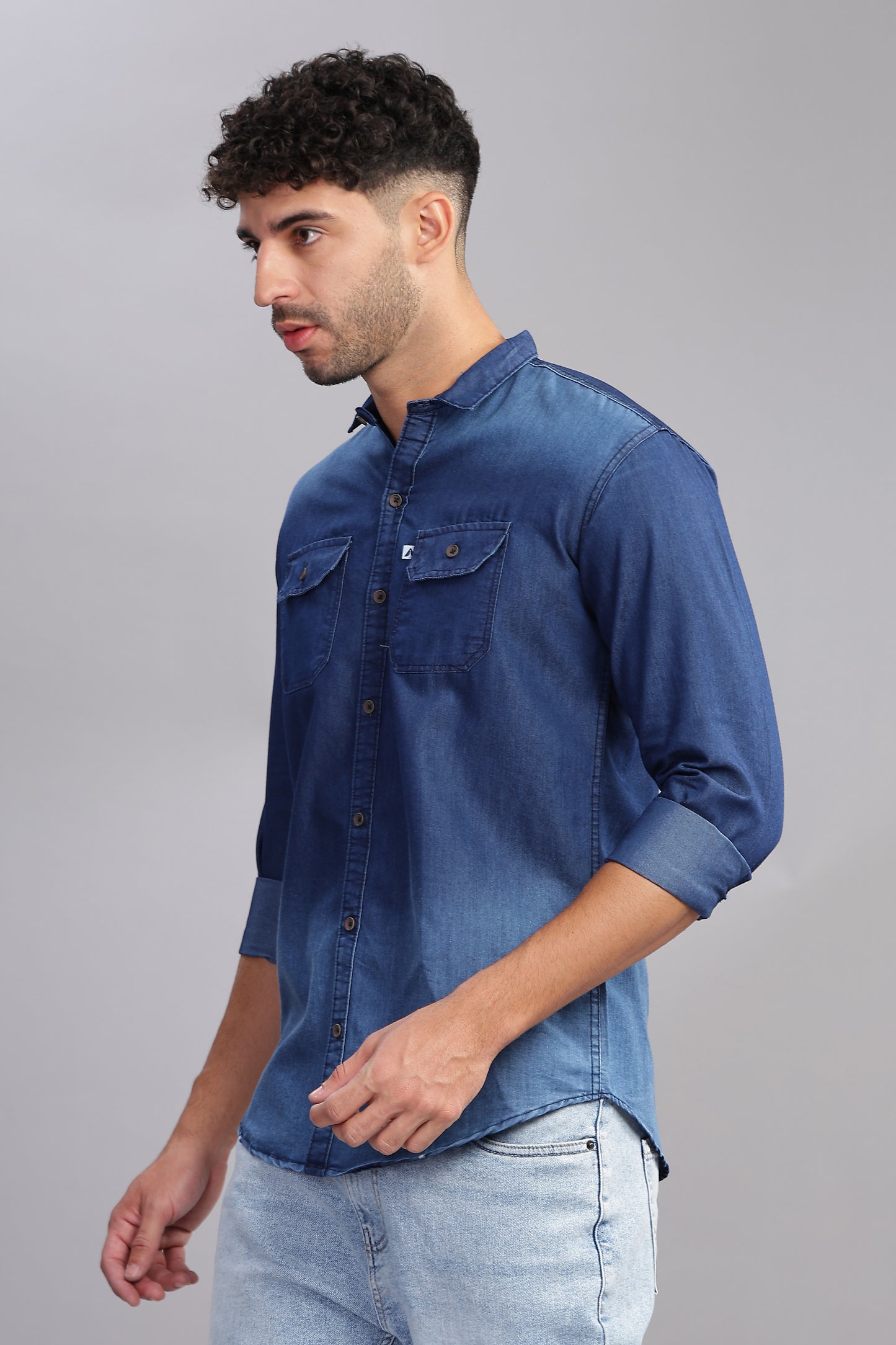 Double Pocket Cut Away Collor Denim Shirt For Men