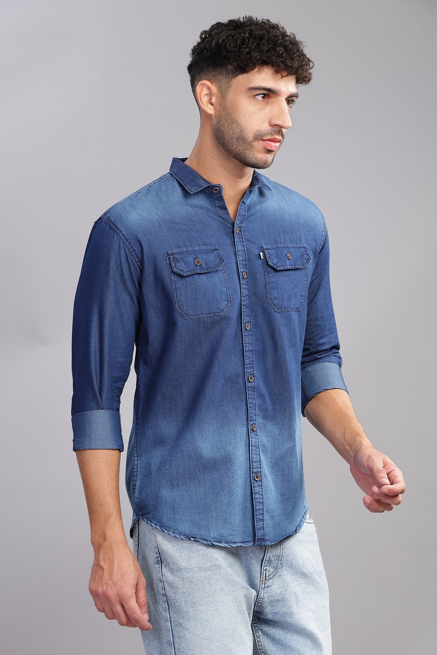 Double Pocket Cut Away Collor Denim Shirt For Men