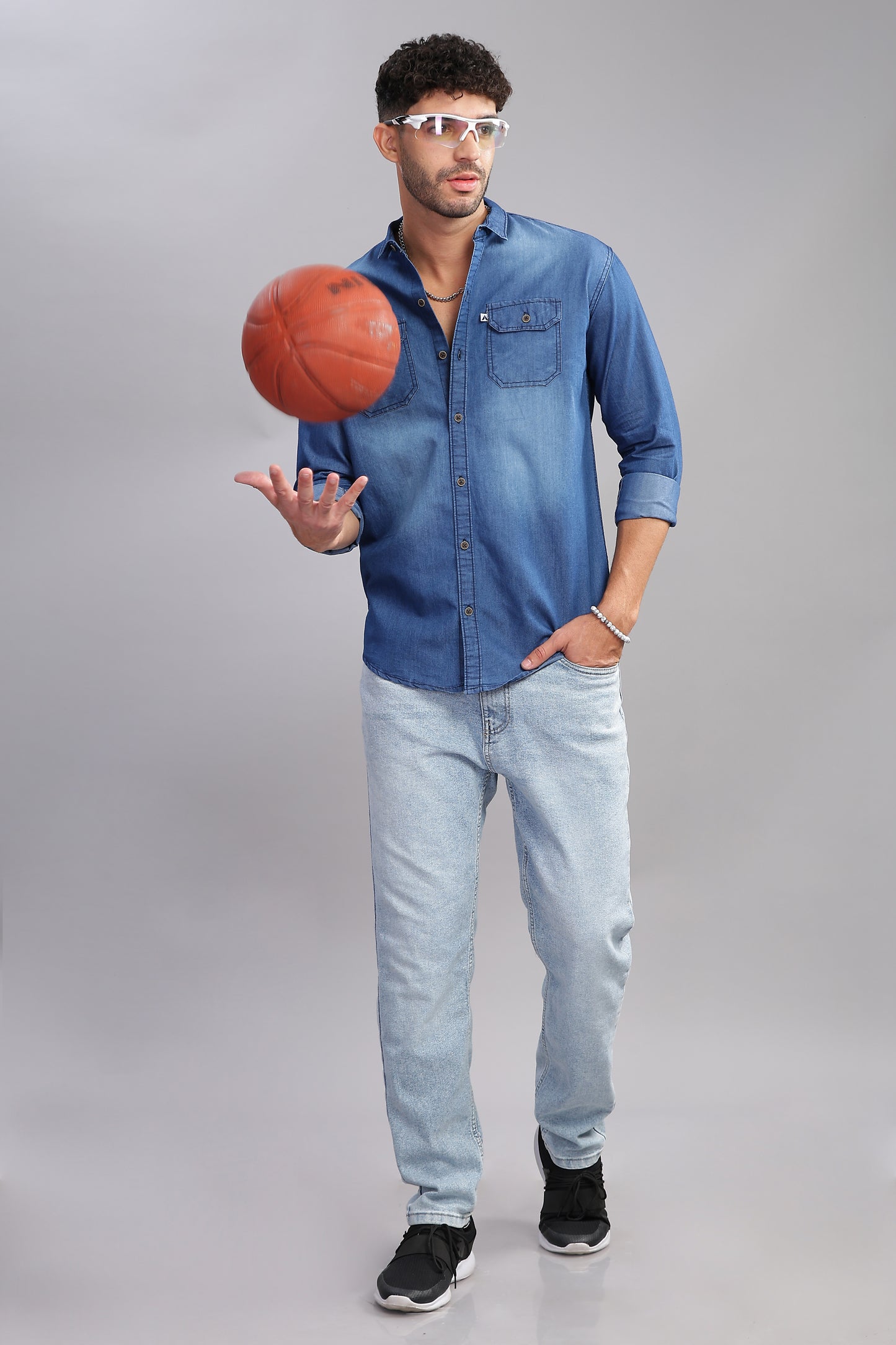 Double Pocket Cut Away Collor Denim Shirt For Men