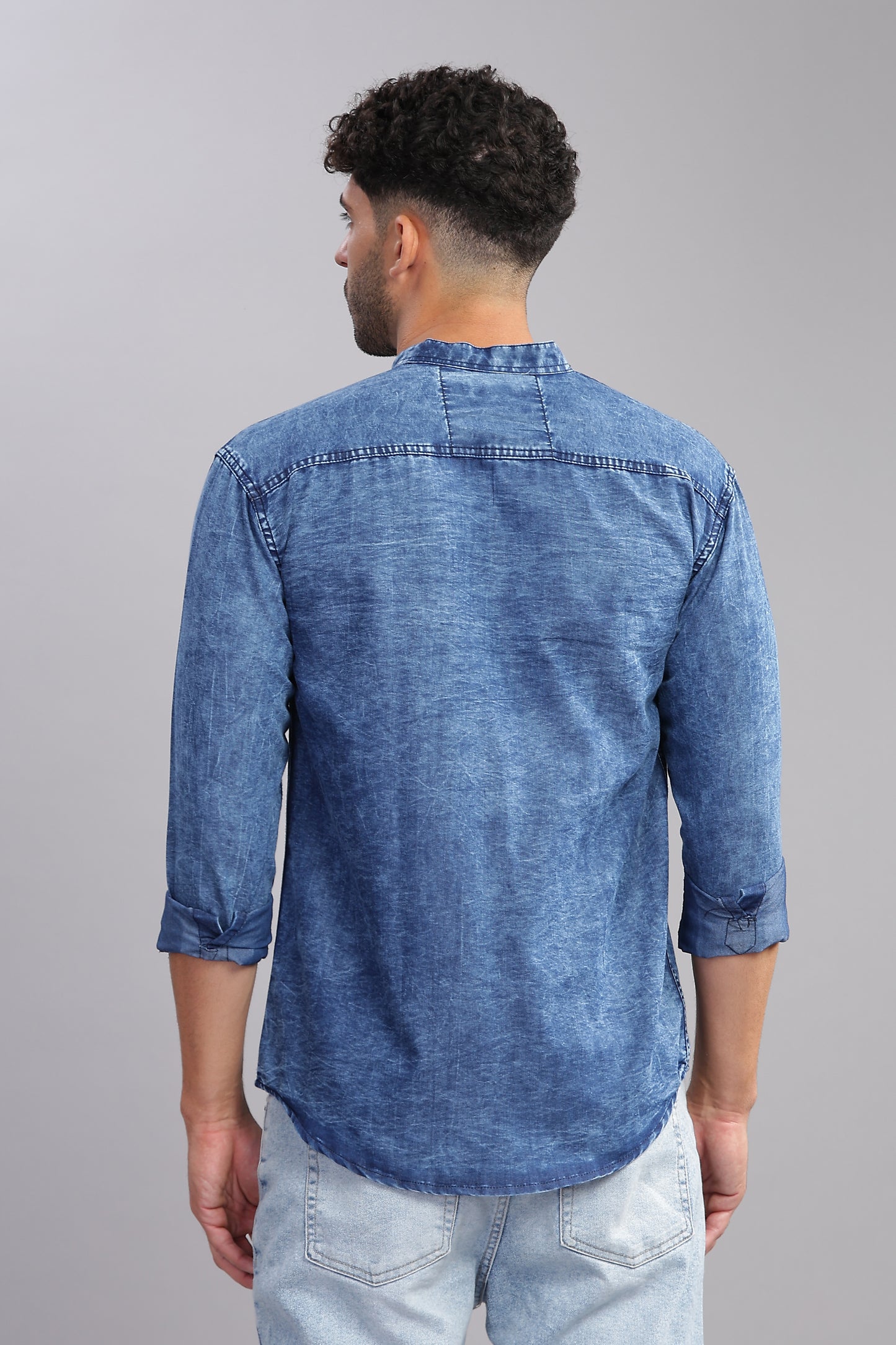 Blue Cloud Wash Single Pocket Collor Denim Shirt For Men