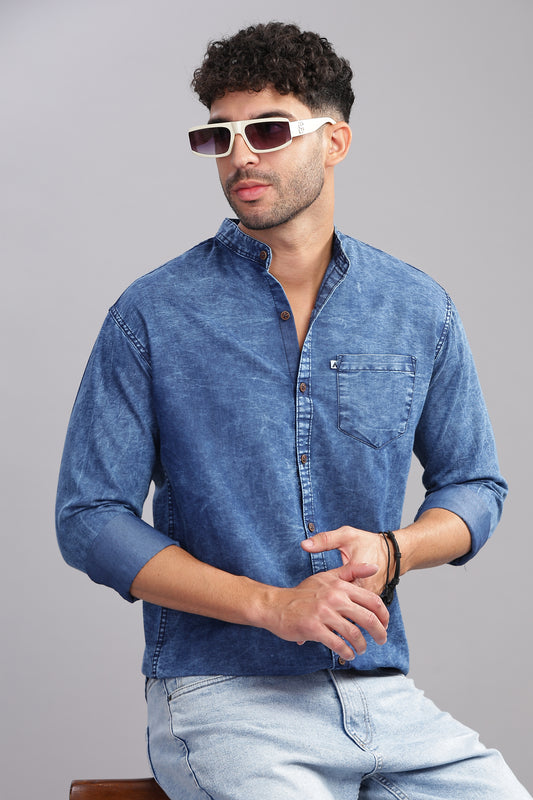 Blue Cloud Wash Single Pocket   Collor Denim Shirt For Men