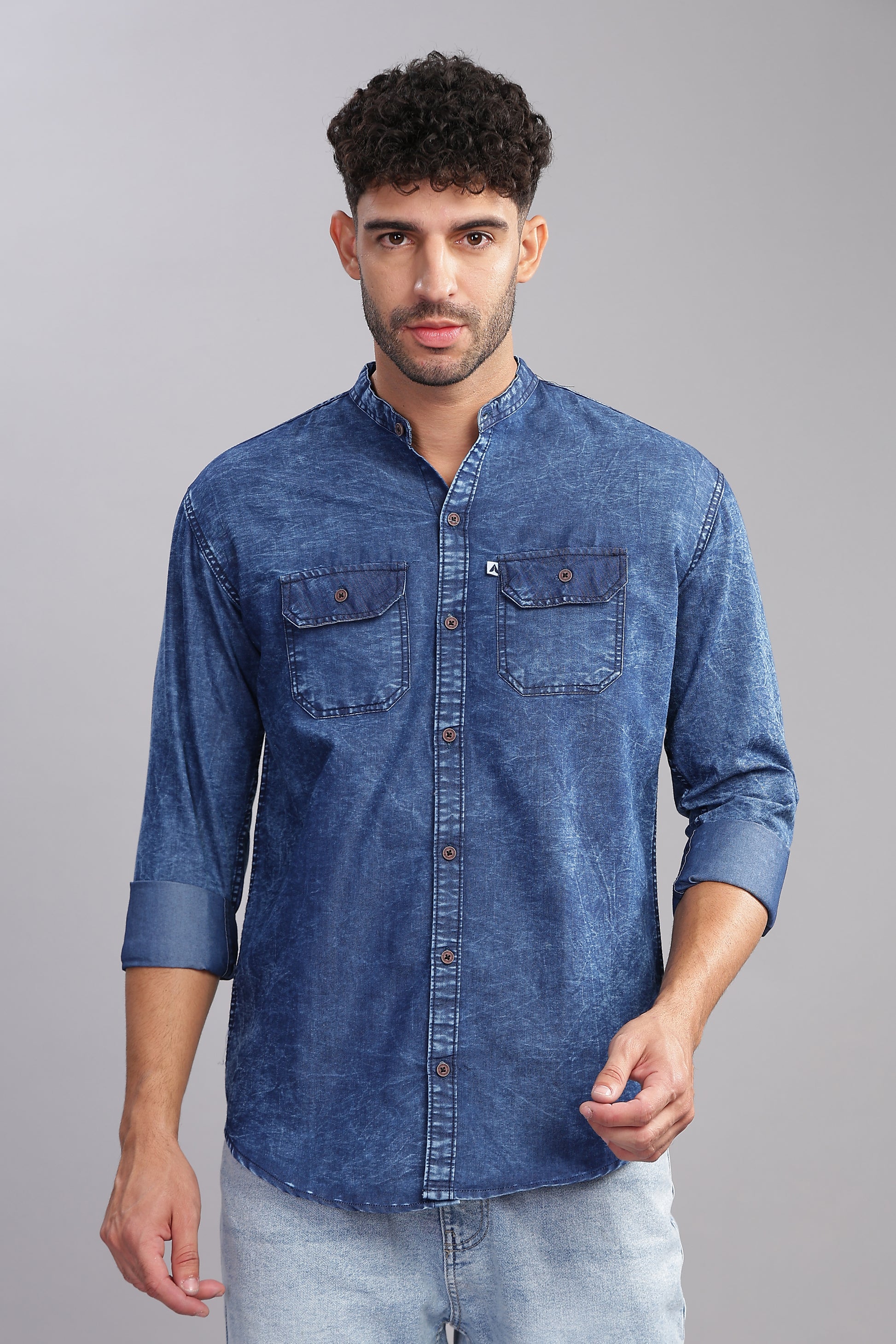 Blue  Double Pocket Collor Denim Shirt For Men