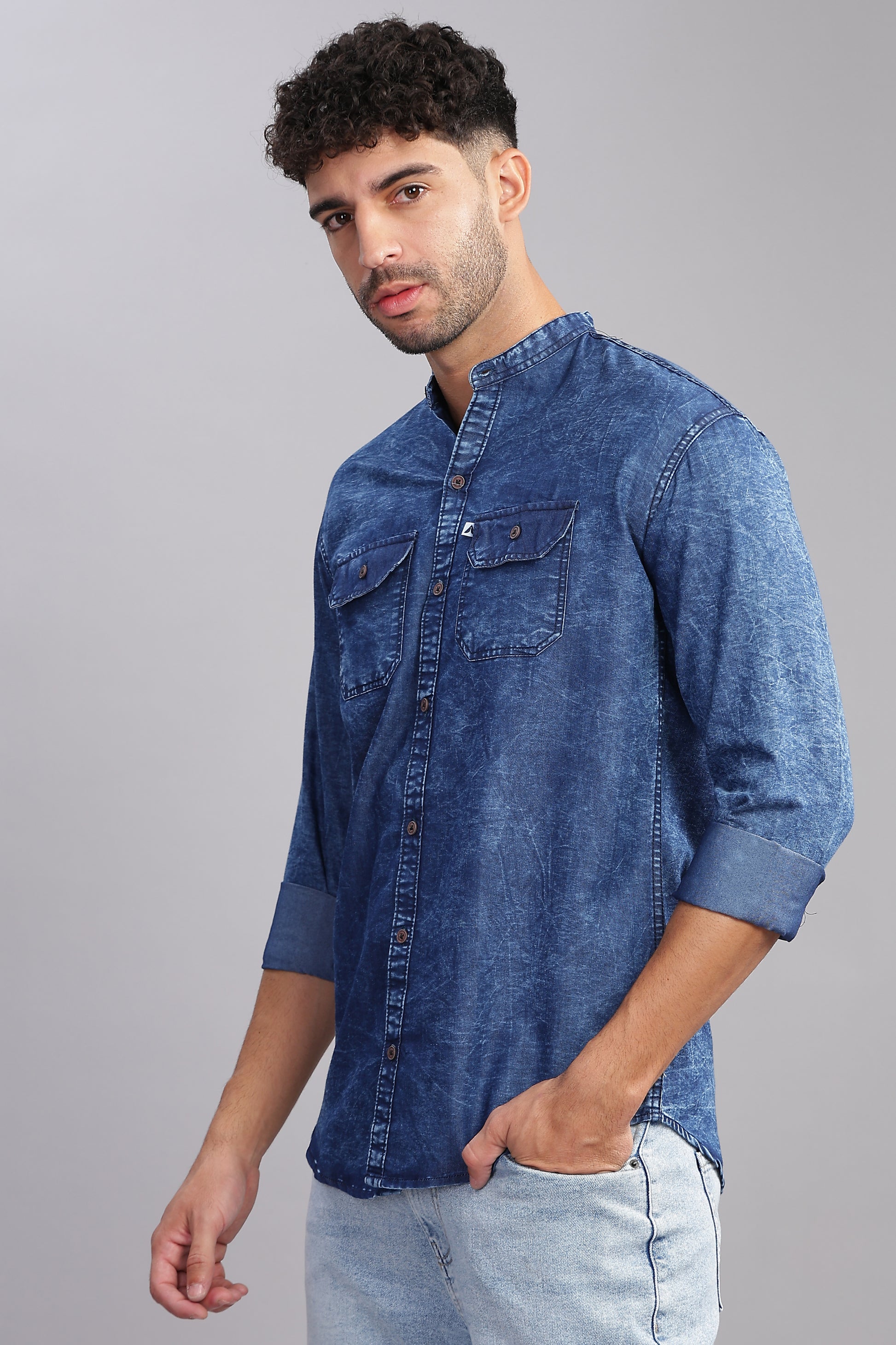 Blue  Double Pocket Collor Denim Shirt For Men