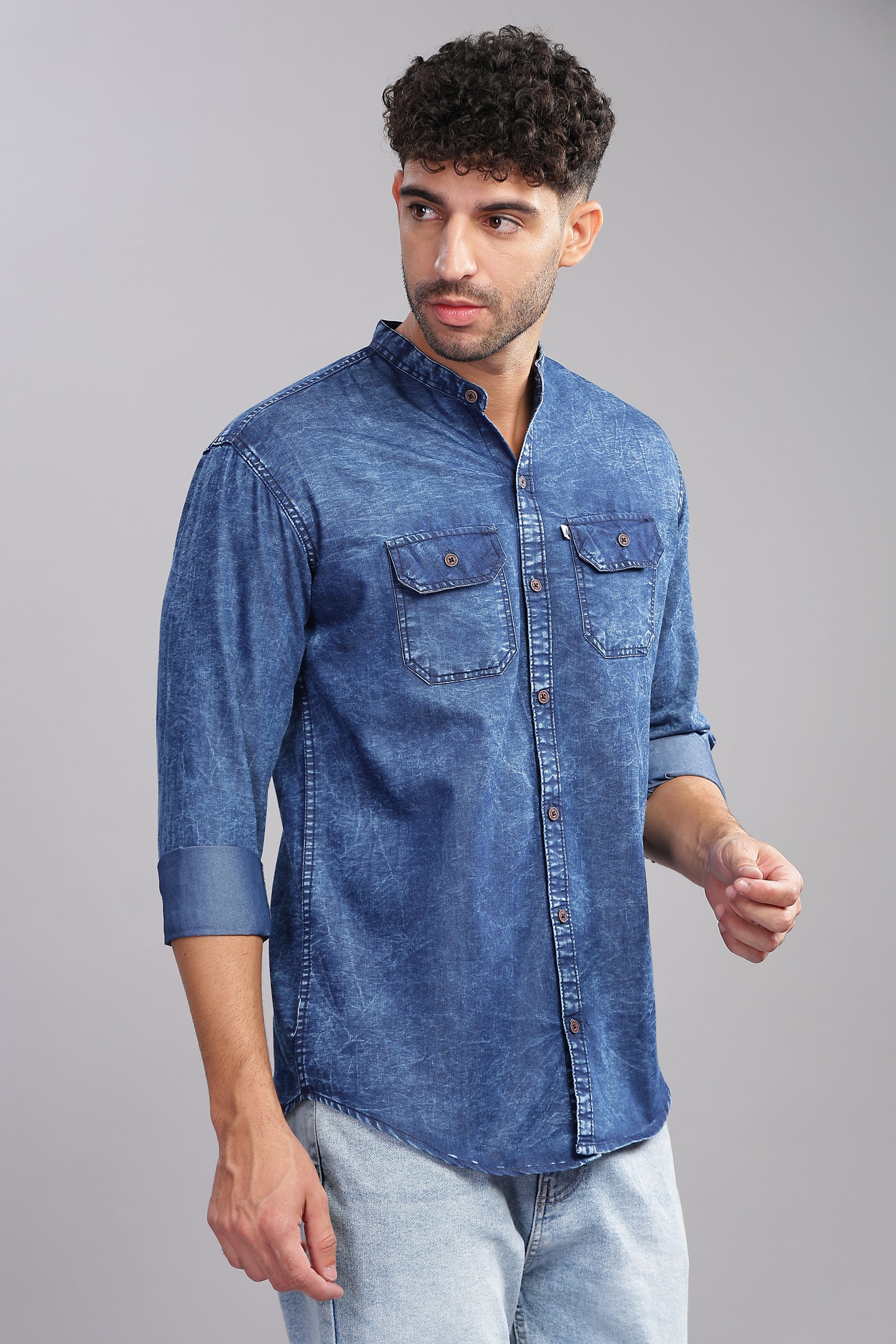 Blue  Double Pocket Collor Denim Shirt For Men