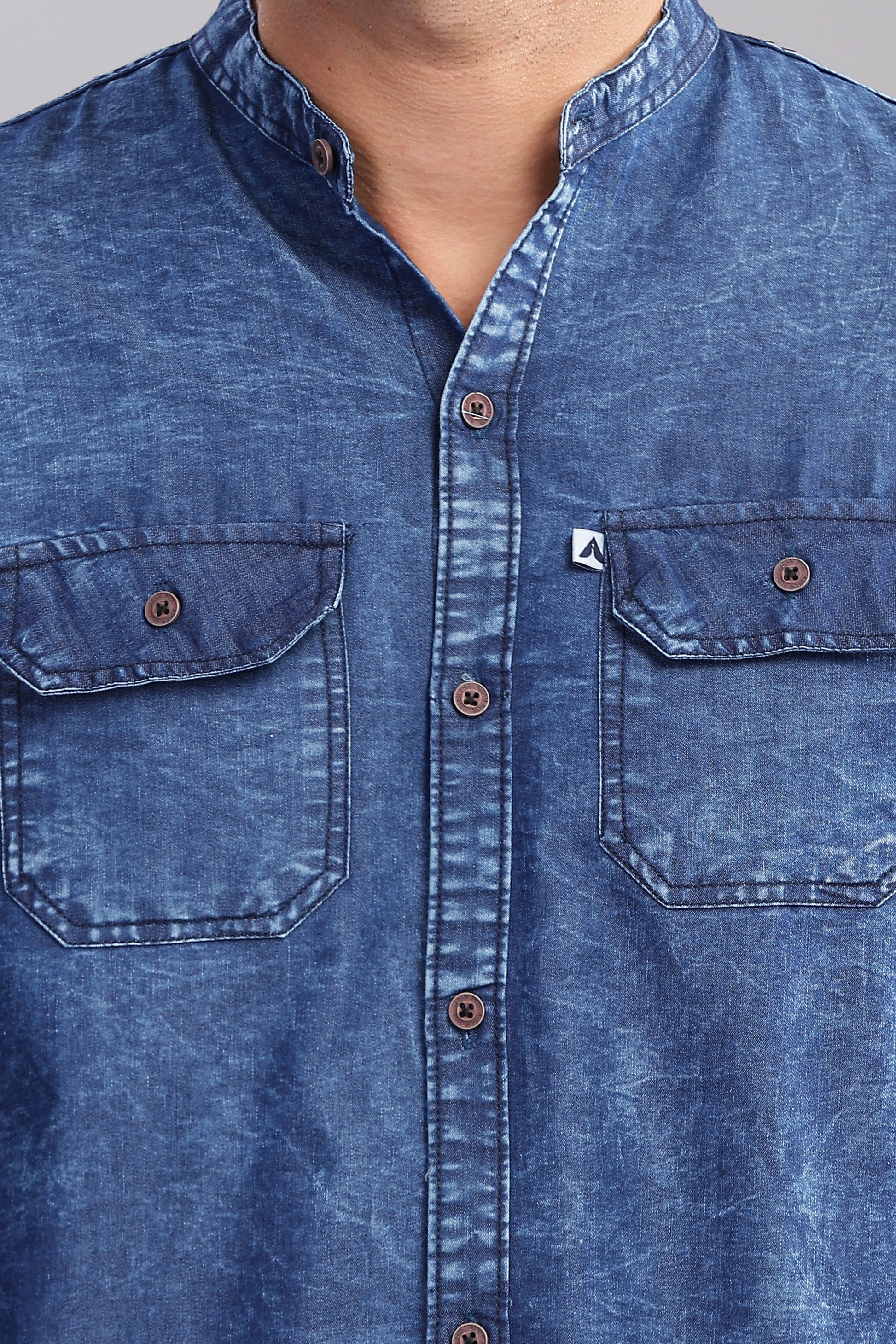 Blue  Double Pocket Collor Denim Shirt For Men
