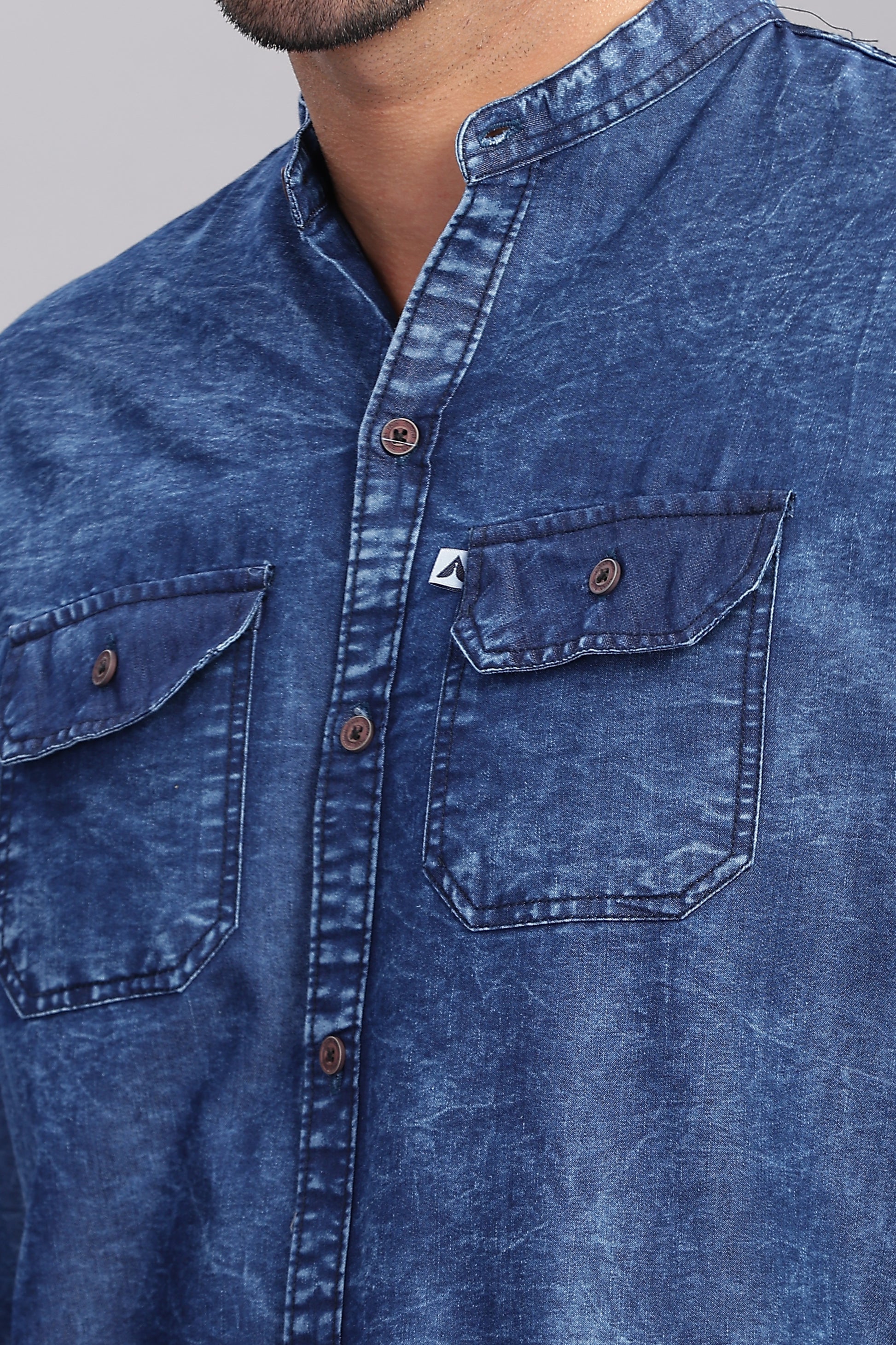 Blue  Double Pocket Collor Denim Shirt For Men
