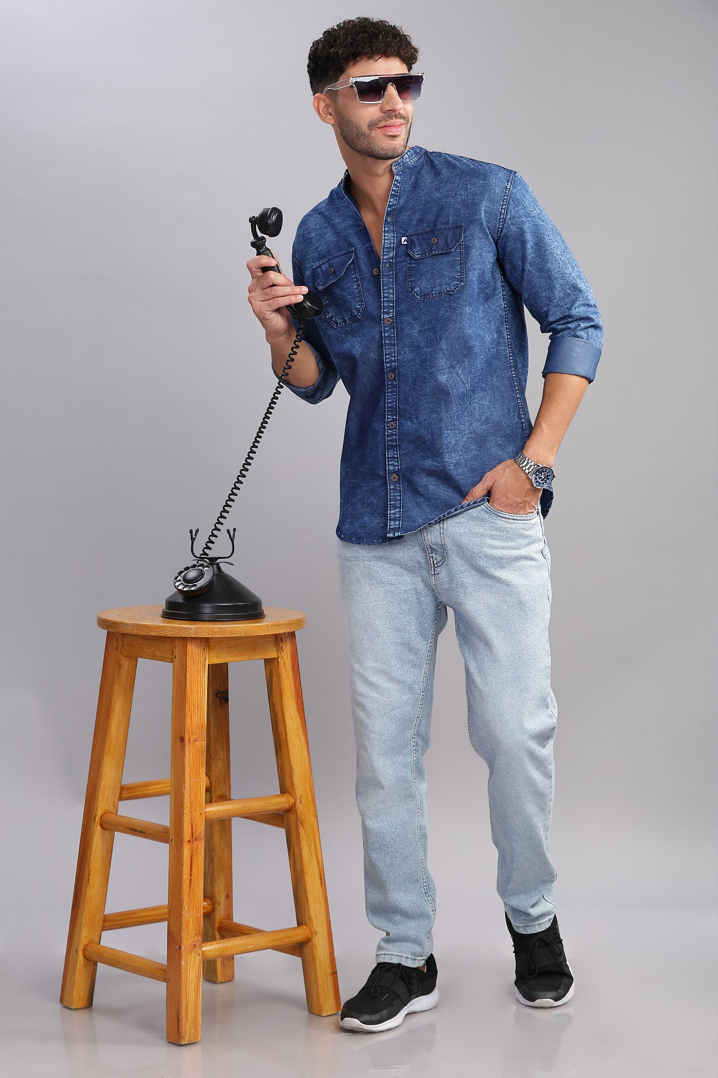 Blue  Double Pocket Collor Denim Shirt For Men