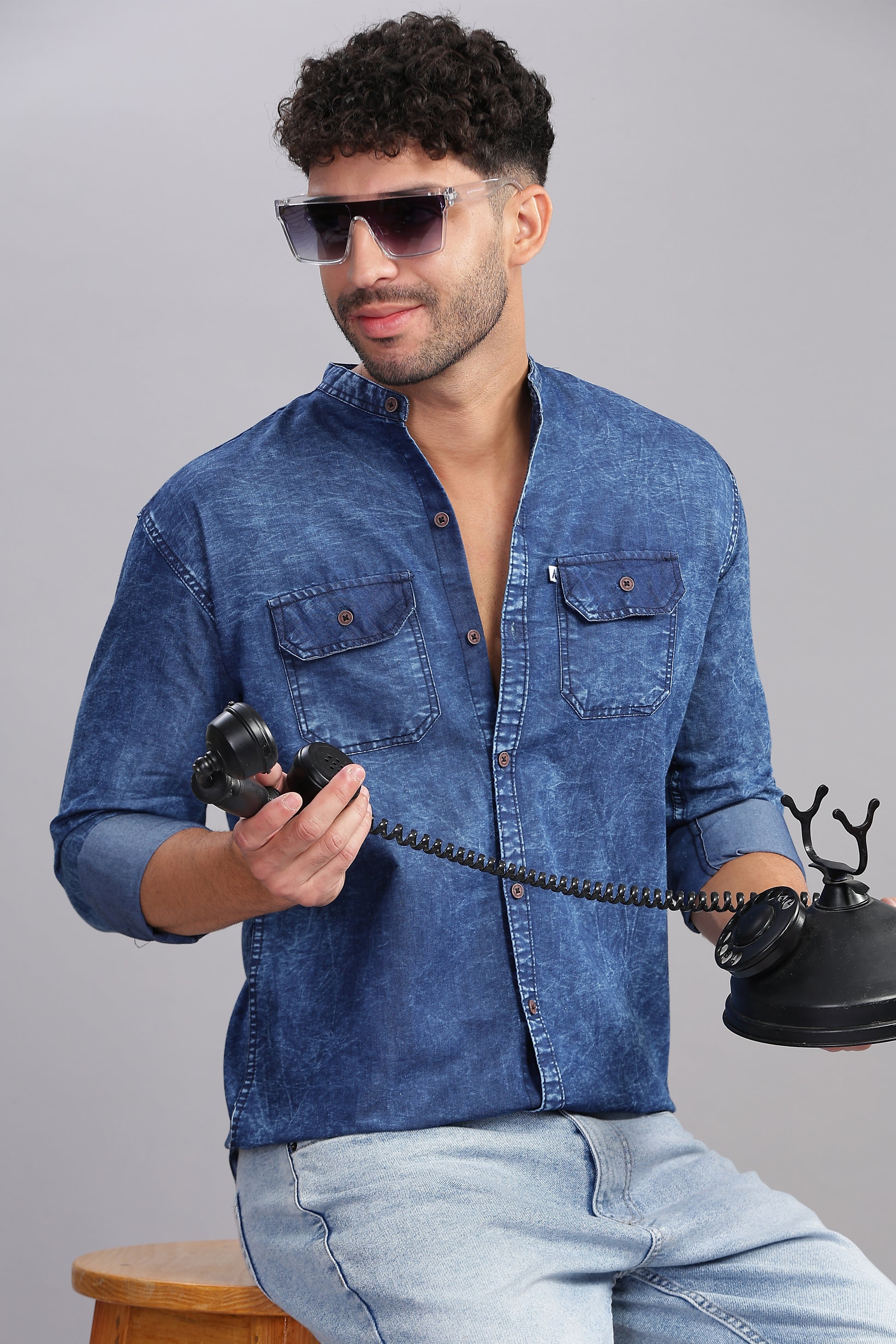 Blue  Double Pocket Collor Denim Shirt For Men
