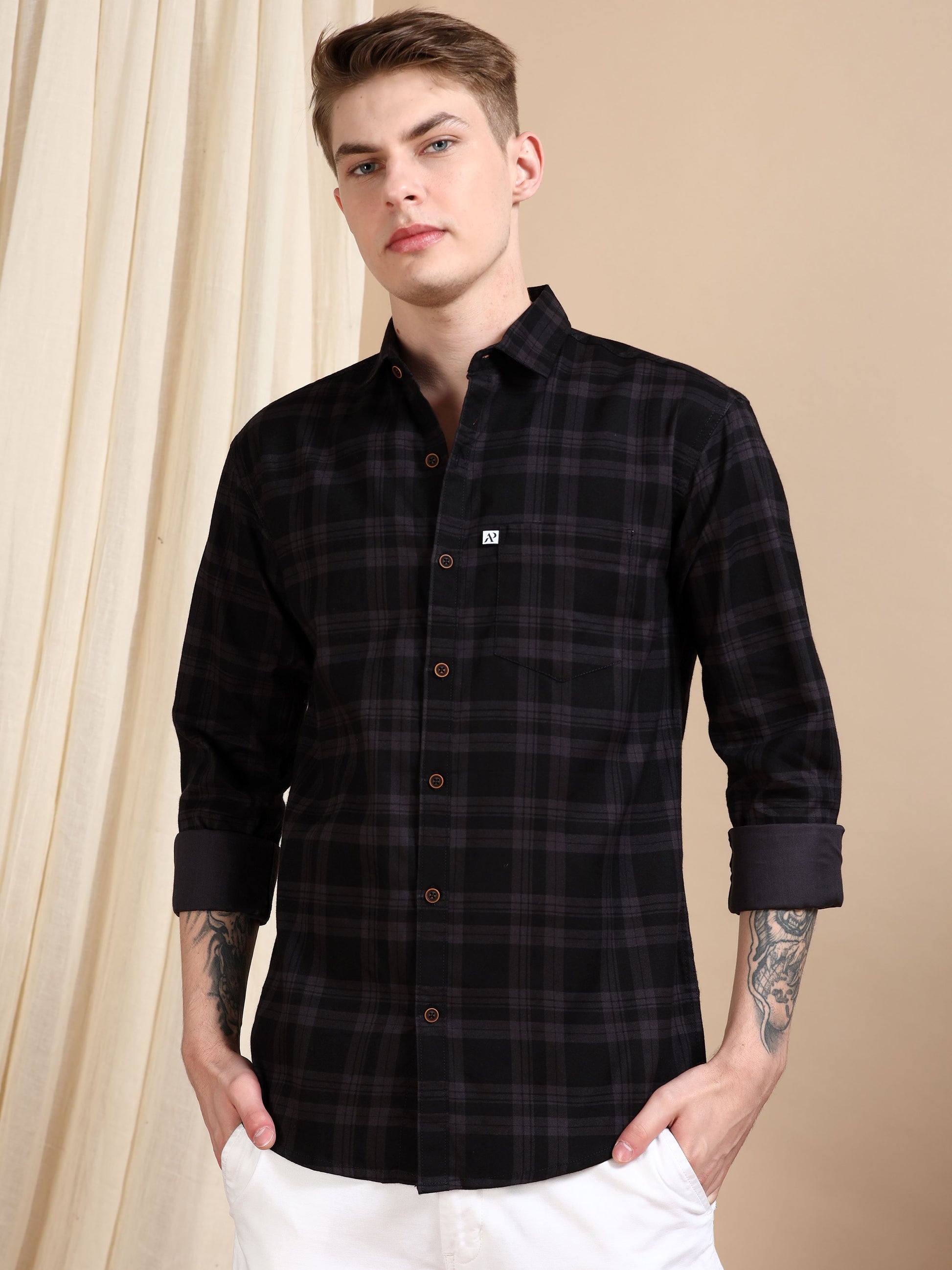 Cotton Blend Checkered Grey Shirt for Men
