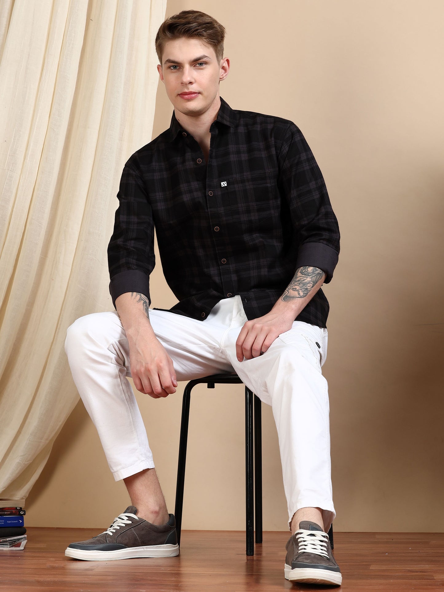 Cotton Blend Checkered Grey Shirt for Men