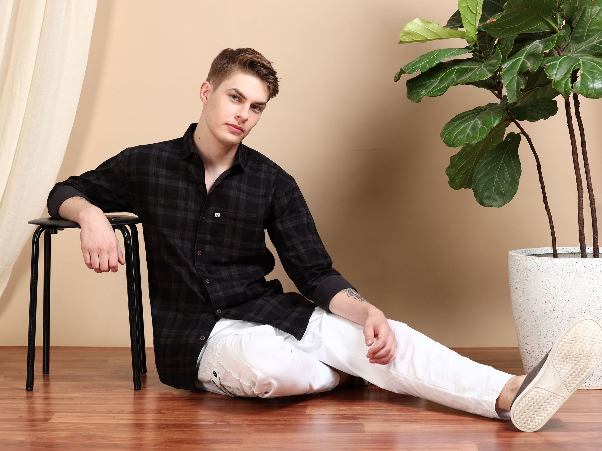 Cotton Blend Checkered Grey Shirt for Men