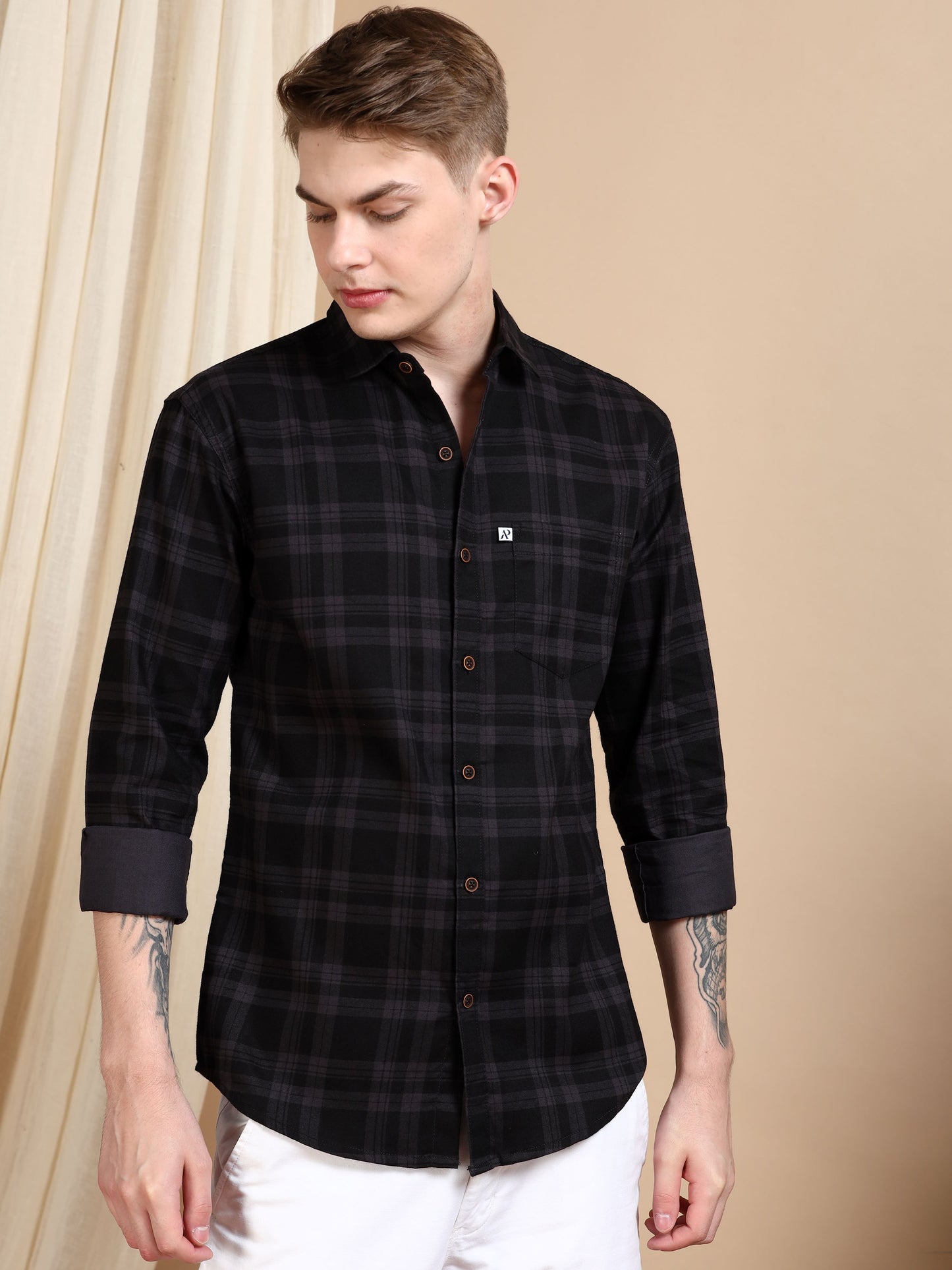 Cotton Blend Checkered Grey Shirt for Men